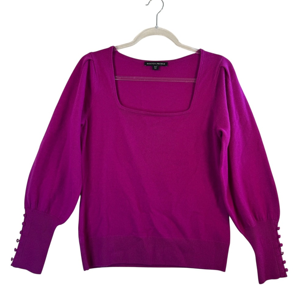 Boston Proper 100% Cashmere Sweater Small Fuchsia Square Neck Balloon Sleeve